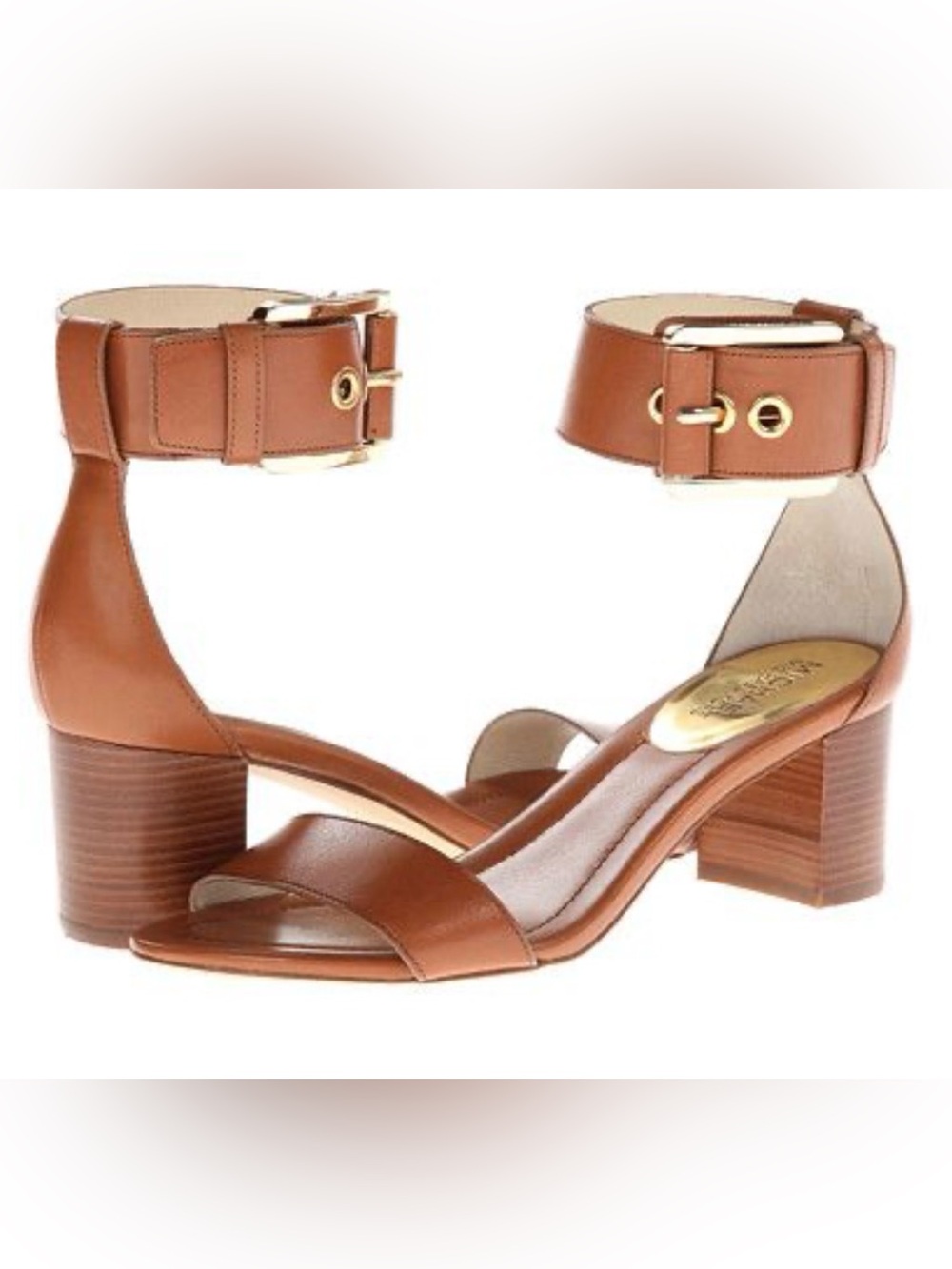 Michael Michael Kors Brown Leather Block Heel Sandals Gold Buckle Strap Size 6.5